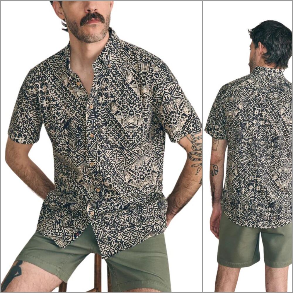 Faherty The Brezze Shirt Short Sleeve button down Black Kaula print Large